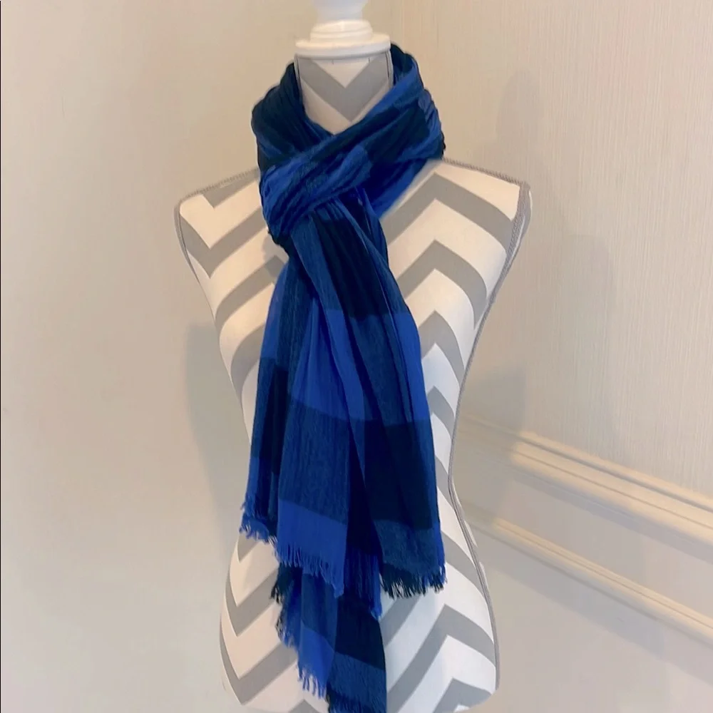 Blue Black Plaid Fringe Women's Scarf Shawl Tartan Flannel Soft Oversized Wrap